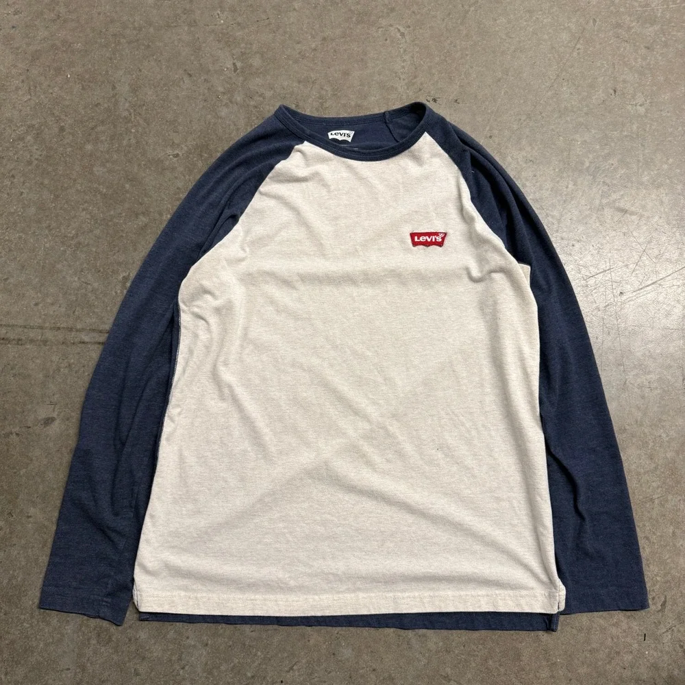 Levis Mens Long Sleeve Raglan Baseball Tee Shirt Blue Grey Logo Large 2434